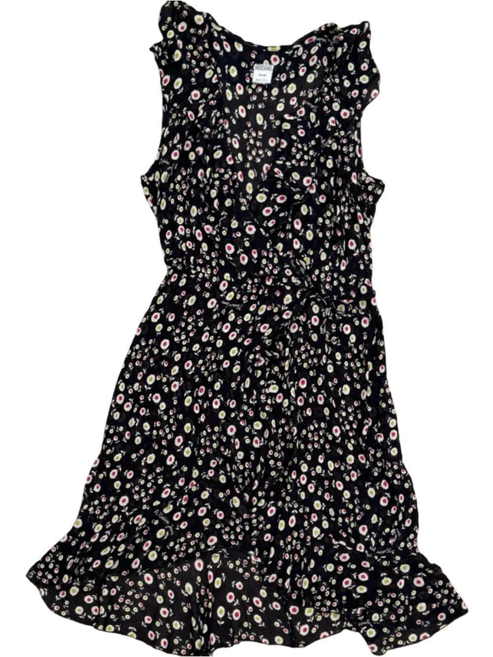 90s/00s Moschino Jeans Black Floral Ruffle Sheer Midi Wrap Dress